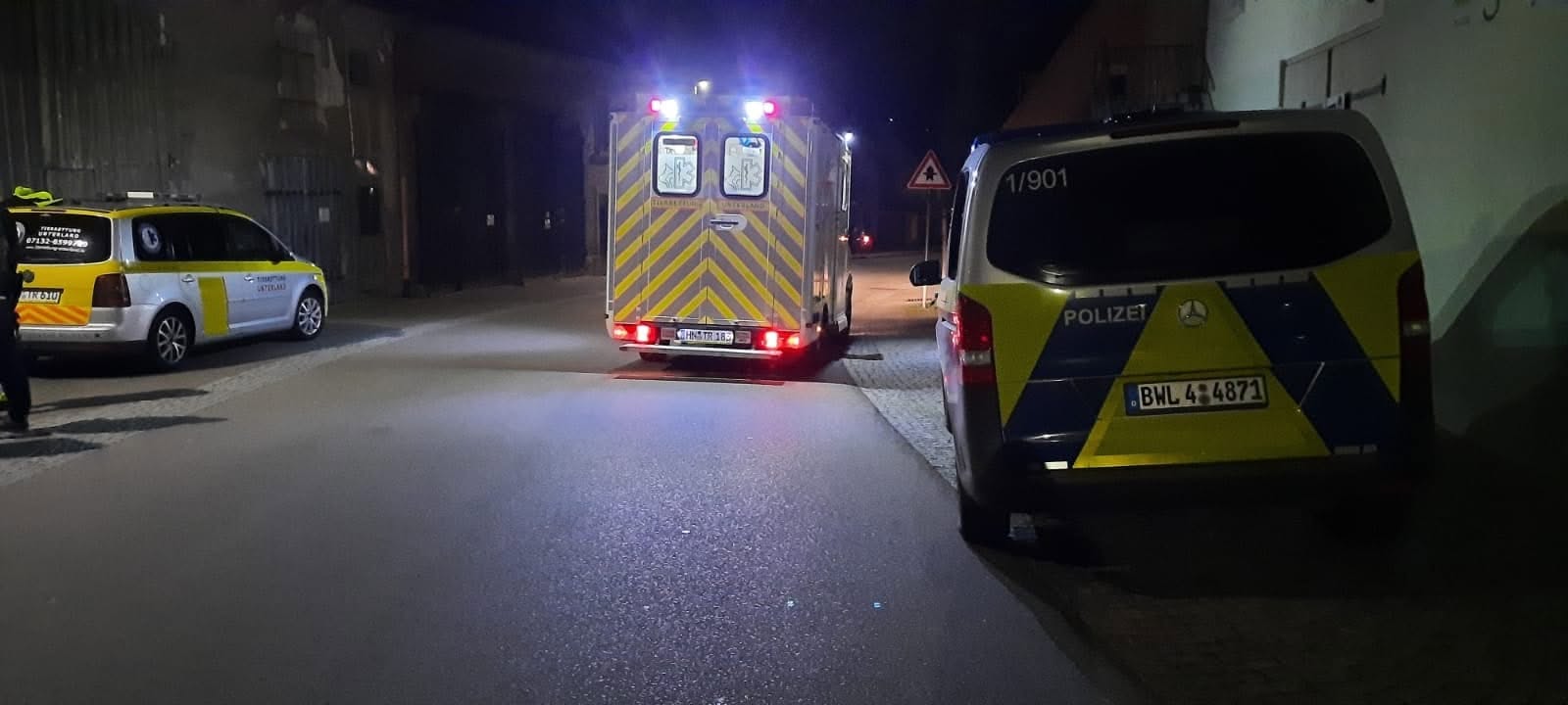 Wärmebildaufnahme der Fachgruppe Drohne der Tierrettung Unterland: Tiere und Personen auf einem Feld bei Nacht